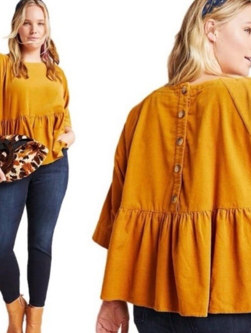 Anthropologie Maeve Corduroy Mustard Gathered Waist Peplum Tunic